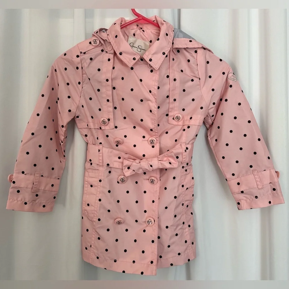 Jessica Simpson Girls Pink Polka Dot Trench Coat Size 6X | Hooded (1220)